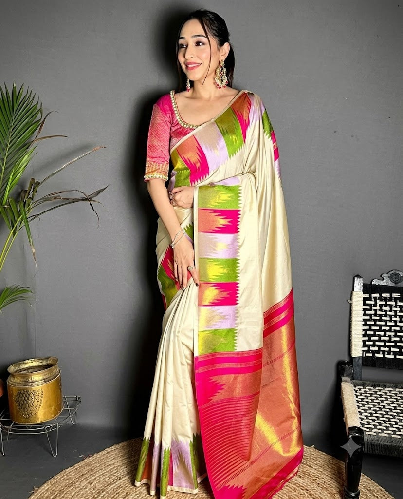 Off-White Kanchi Silk Saree with Vibrant Temple Border & Gold Zari Pallu