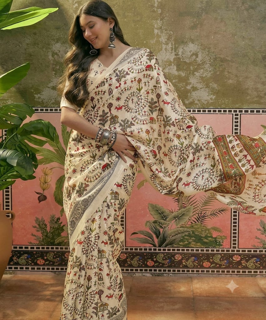 Heritage Tales: Beige Printed Khadi Saree with Intricate Border