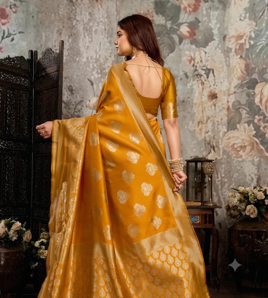 Radiant Mustard Yellow Banarasi Silk Saree in Golden Zari