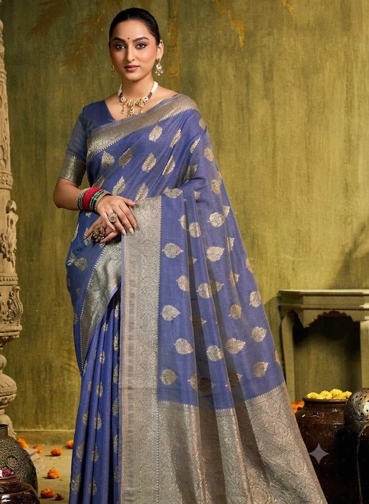 Vintage Glamour: Slate Blue Banarasi Silk Saree with Antique Zari