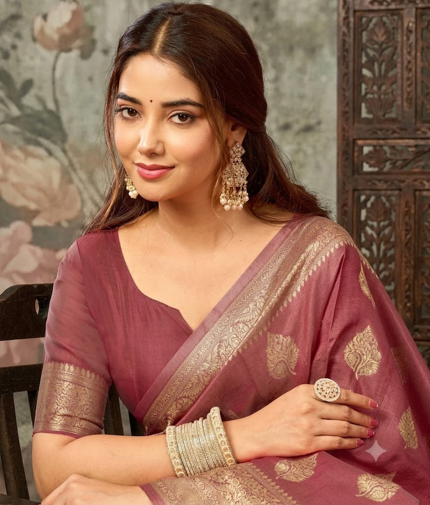 Enchanting Mauve-Pink Banarasi Silk Saree with Antique Zari