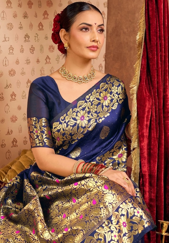 Royal Blue & Gold Banarasi Silk Saree with Meenakari Accents