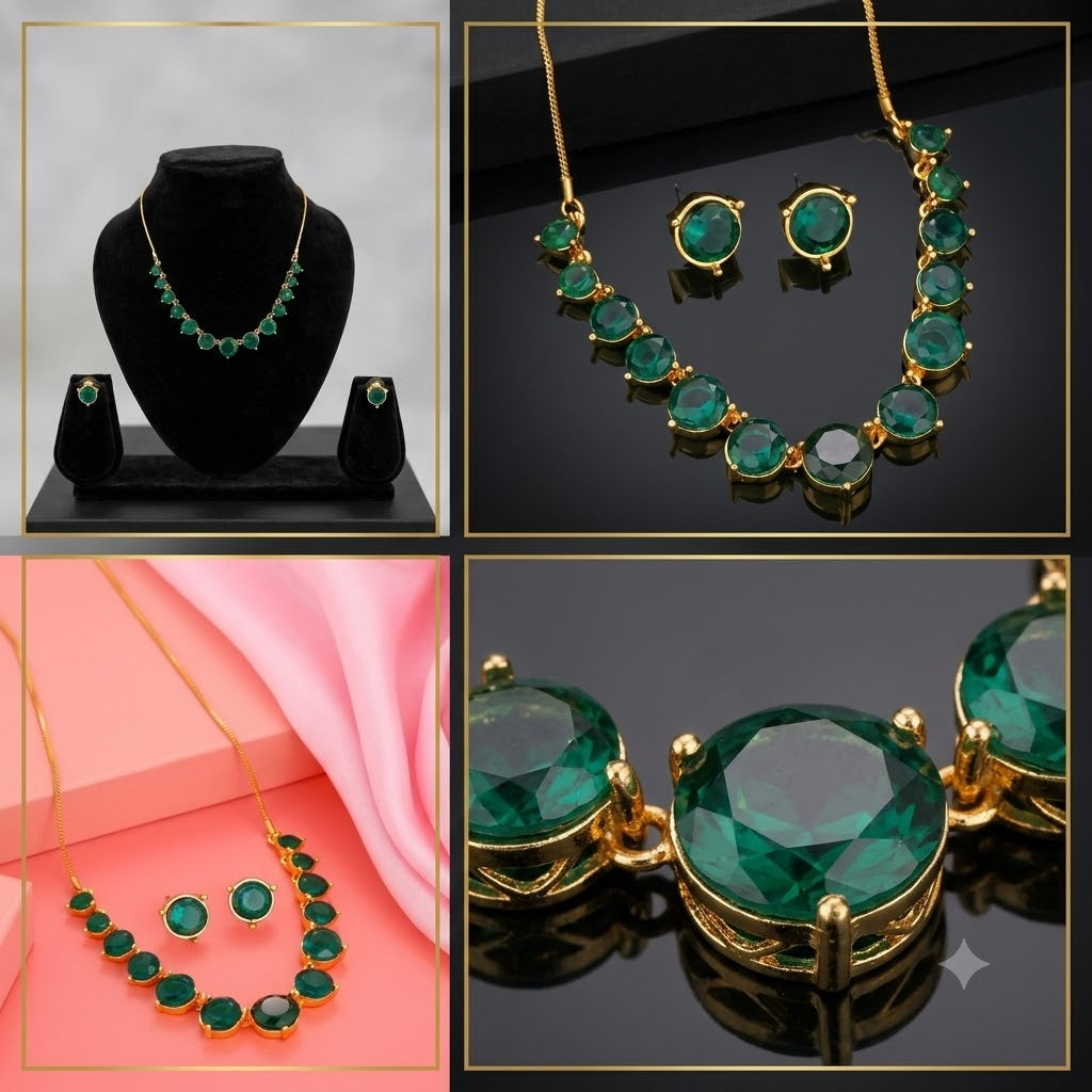 The Emerald Aura: Gold-Plated Round Gemstone Necklace Set