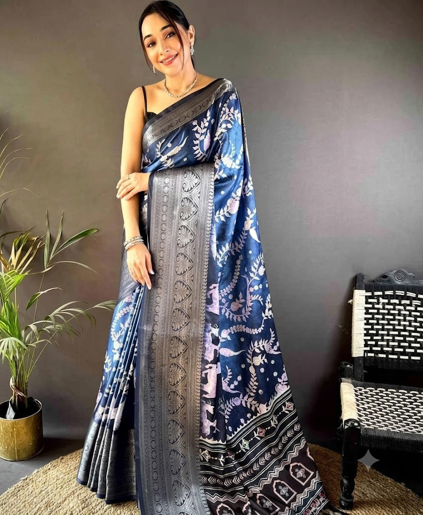 Celestial Indigo Pure Silk Batik Saree with Intricate Floral Motifs