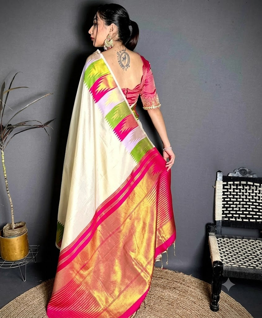 Off-White Kanchi Silk Saree with Vibrant Temple Border & Gold Zari Pallu