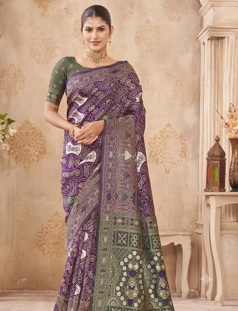 Majestic Paisley: Deep Violet & Olive Banarasi Silk Saree