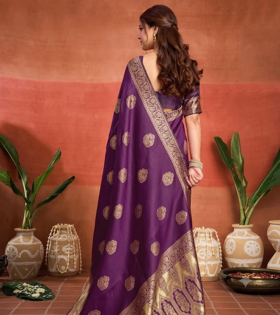 Regal Deep Purple Banarasi Silk Saree with Antique Gold Zari