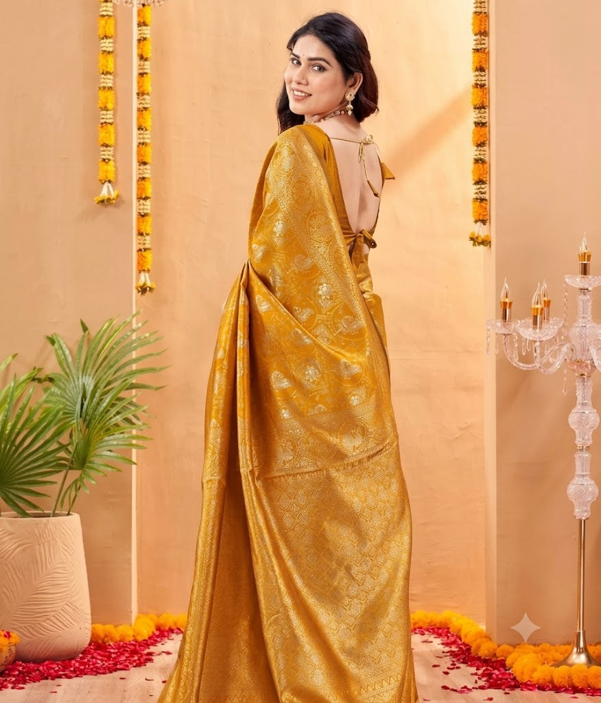 Radiant Mustard Yellow Banarasi Silk Saree in Golden Zari