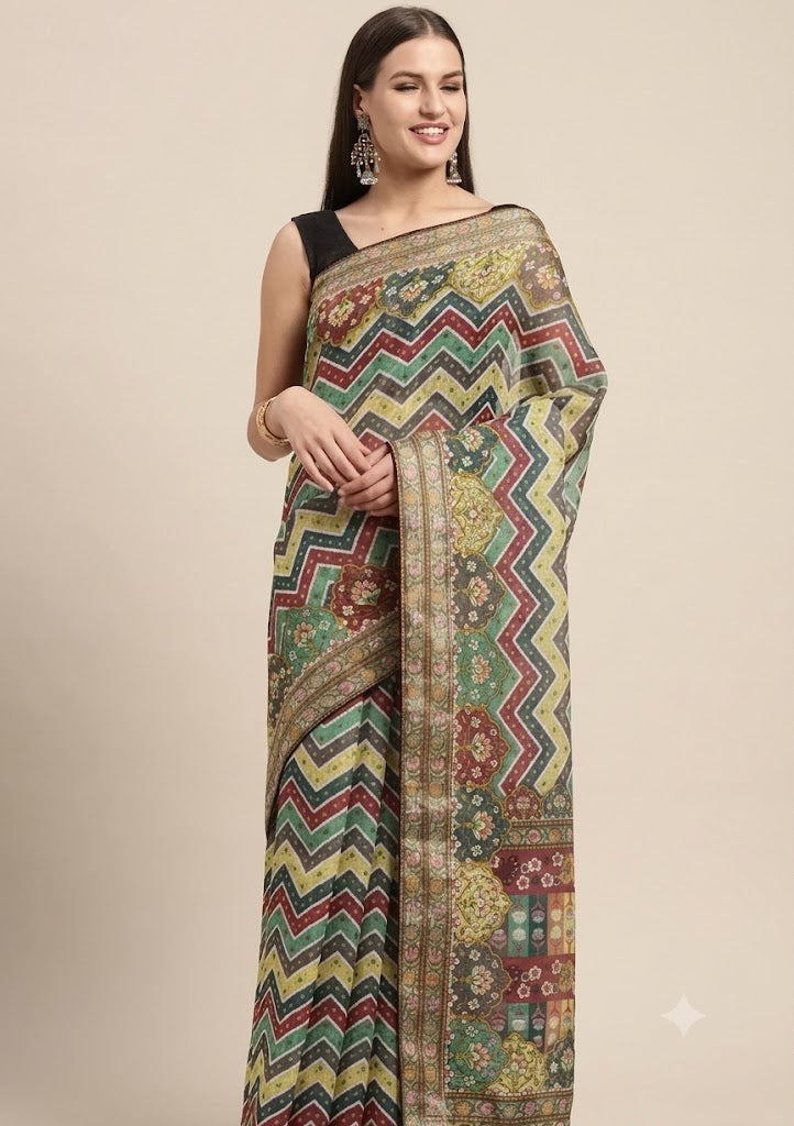 The Chevron Harmony Kalamkari Linen Saree