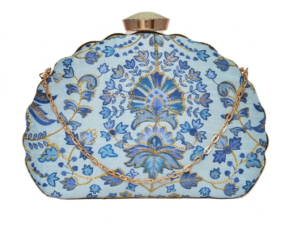 Celestial Azure Hand-Embroidered Scalloped Clutch