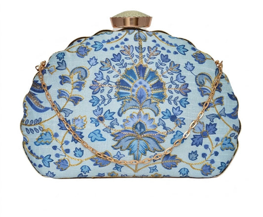 Celestial Azure Hand-Embroidered Scalloped Clutch