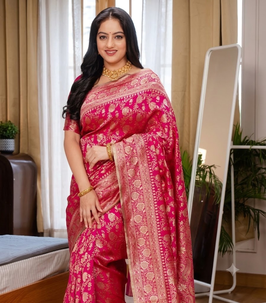 Imperial Rani Pink Banarasi Silk Saree with Gold Zari Brocade