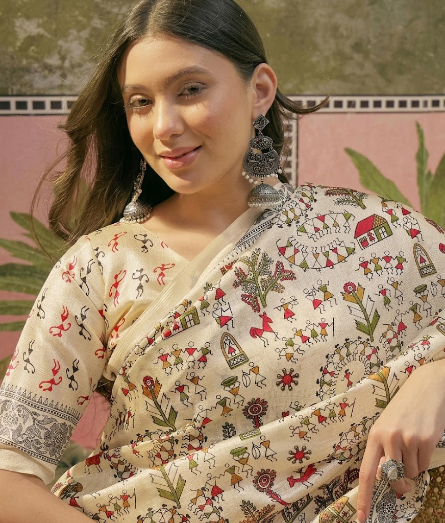 Heritage Tales: Beige Printed Khadi Saree with Intricate Border