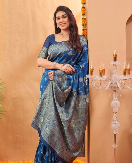 Majestic Royal Blue Banarasi Silk Saree with Fine Silver Zari