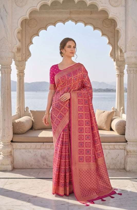 Majestic Magenta & Gold Geometric Jamdani Saree