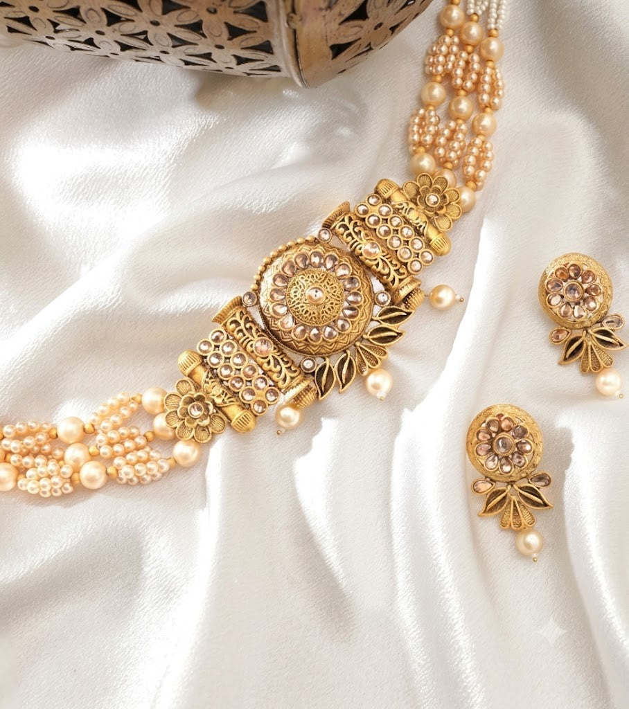 Antique Pearl & Kundan Statement Choker Set