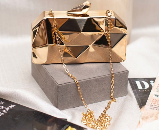 Sculpted Gold Geometric Hard-Shell Clutch