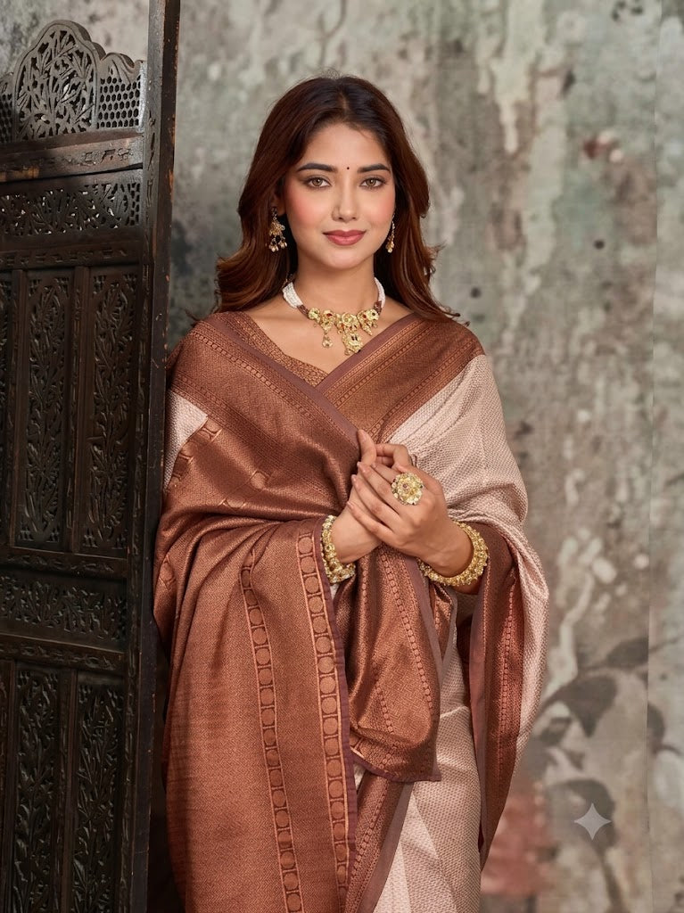 Elegant Champagne Cream & Copper-Bronze Kanjivaram Silk Saree  Description