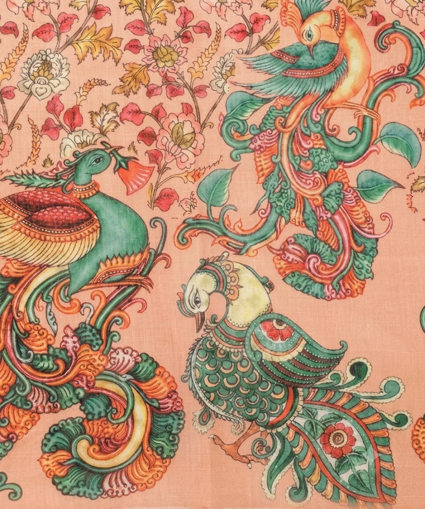 Peach-Orange Kalamkari Silk Saree with Mythological Peacock Motifs & Zari Border
