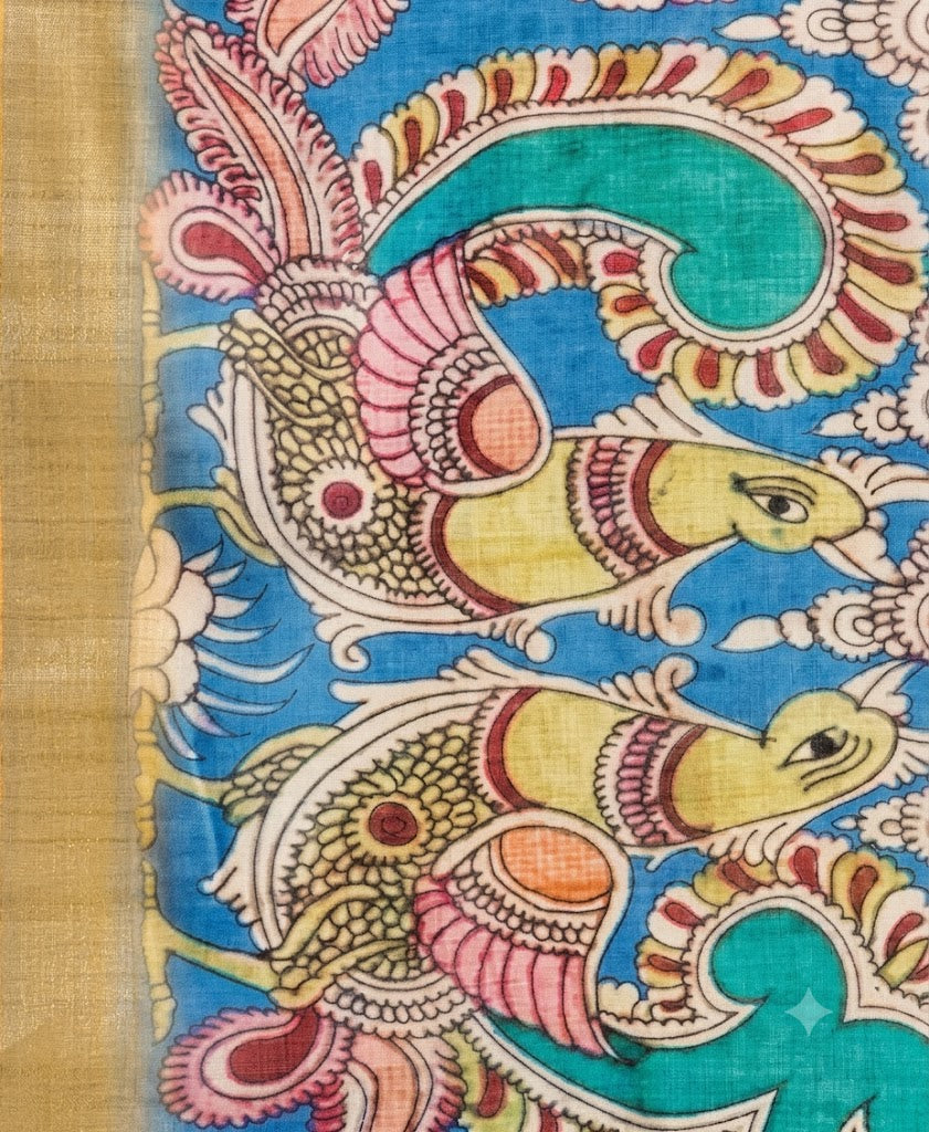 Sunshine Yellow Kalamkari Silk Saree with Sky Blue Borders & Tassels