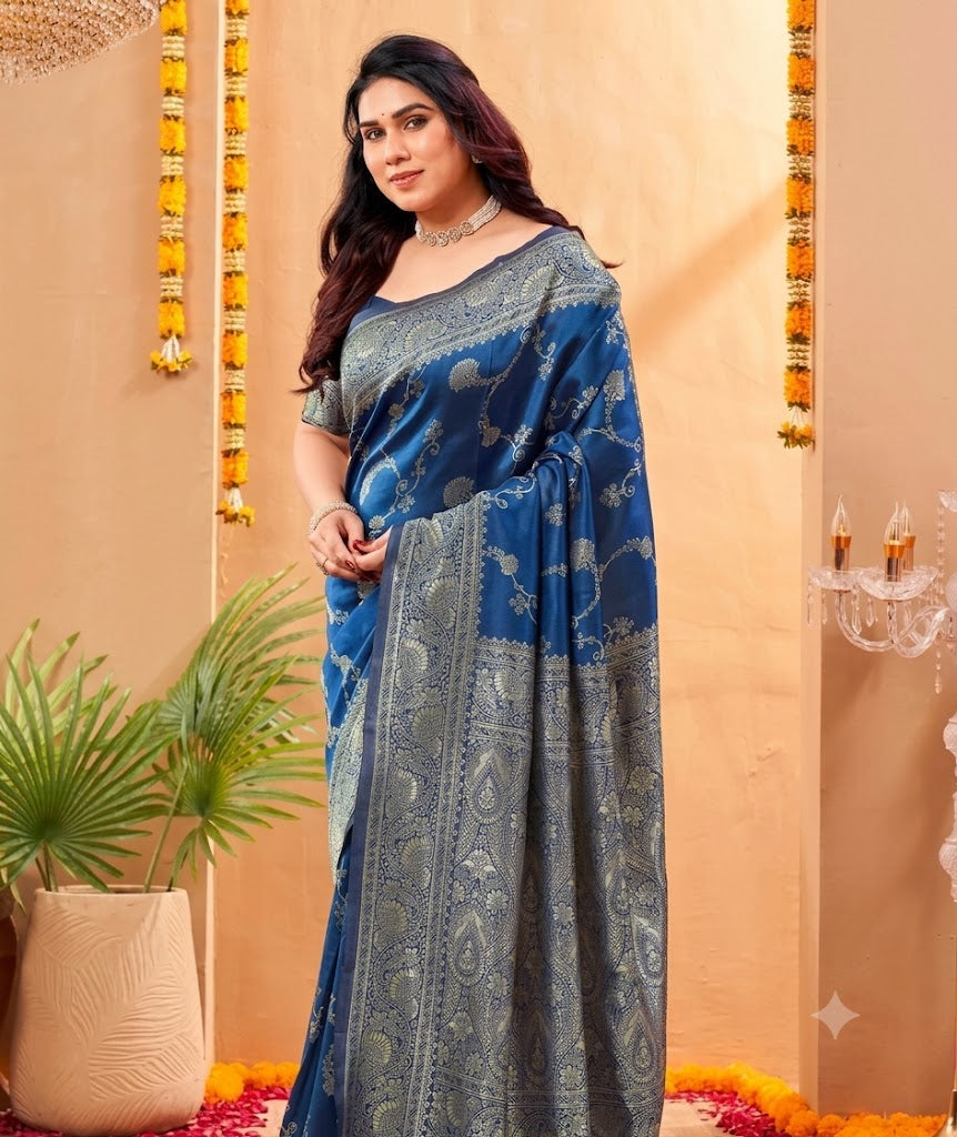 Majestic Royal Blue Banarasi Silk Saree with Fine Silver Zari