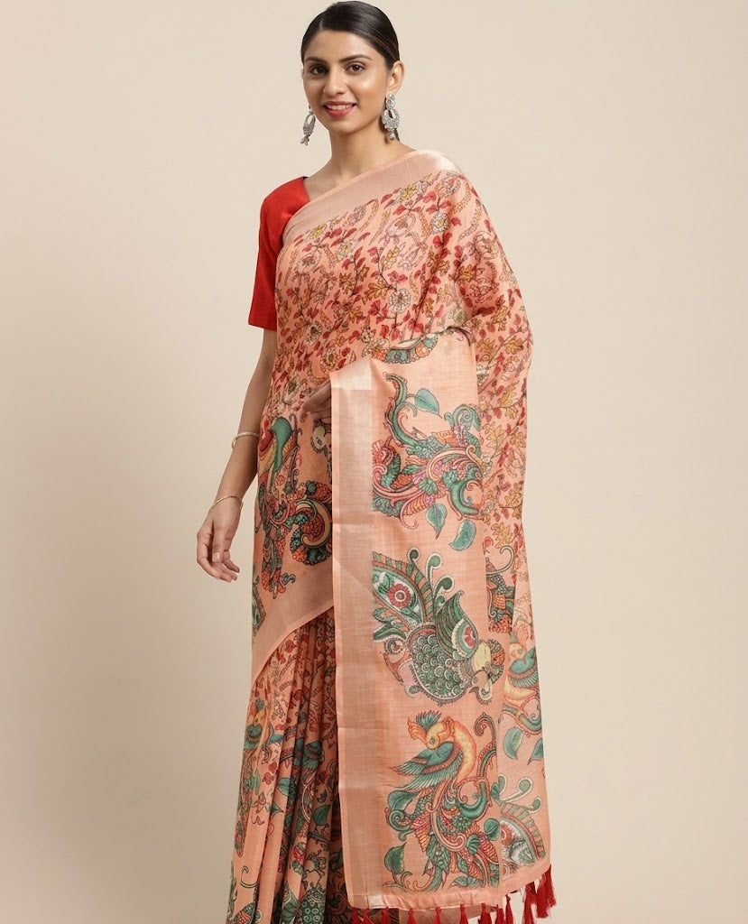 Peach-Orange Kalamkari Silk Saree with Mythological Peacock Motifs & Zari Border