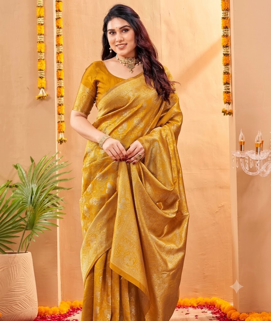 Opulent Ochre-Gold Banarasi Silk Saree in Silver Zari