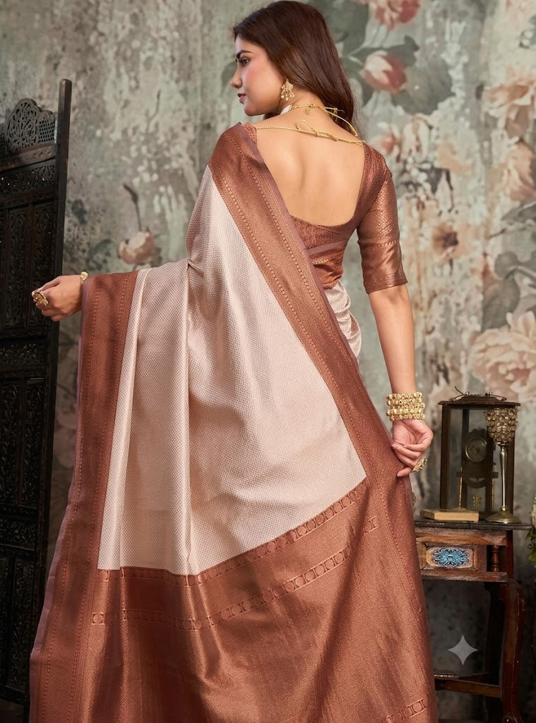 Elegant Champagne Cream & Copper-Bronze Kanjivaram Silk Saree  Description