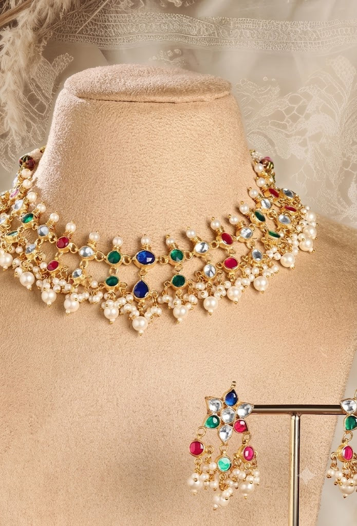 Vibrant Multicolour Kundan & Pearl Choker Set