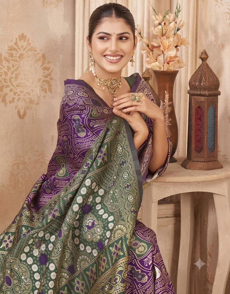 Majestic Paisley: Deep Violet & Olive Banarasi Silk Saree