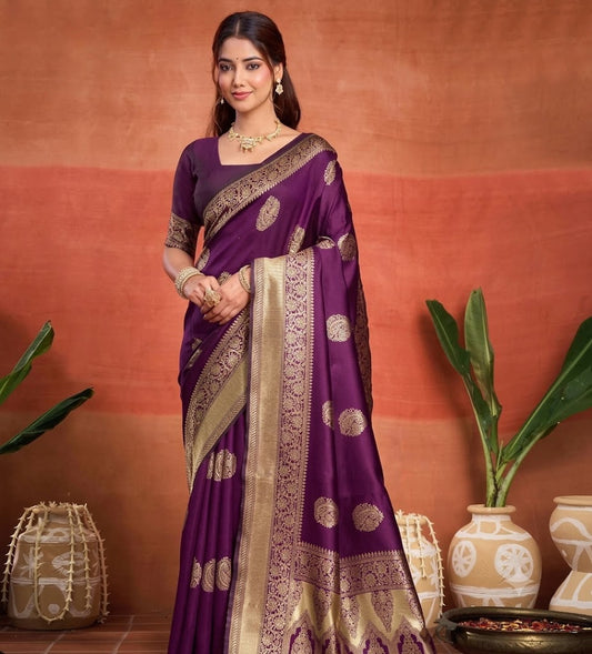 Regal Deep Purple Banarasi Silk Saree with Antique Gold Zari