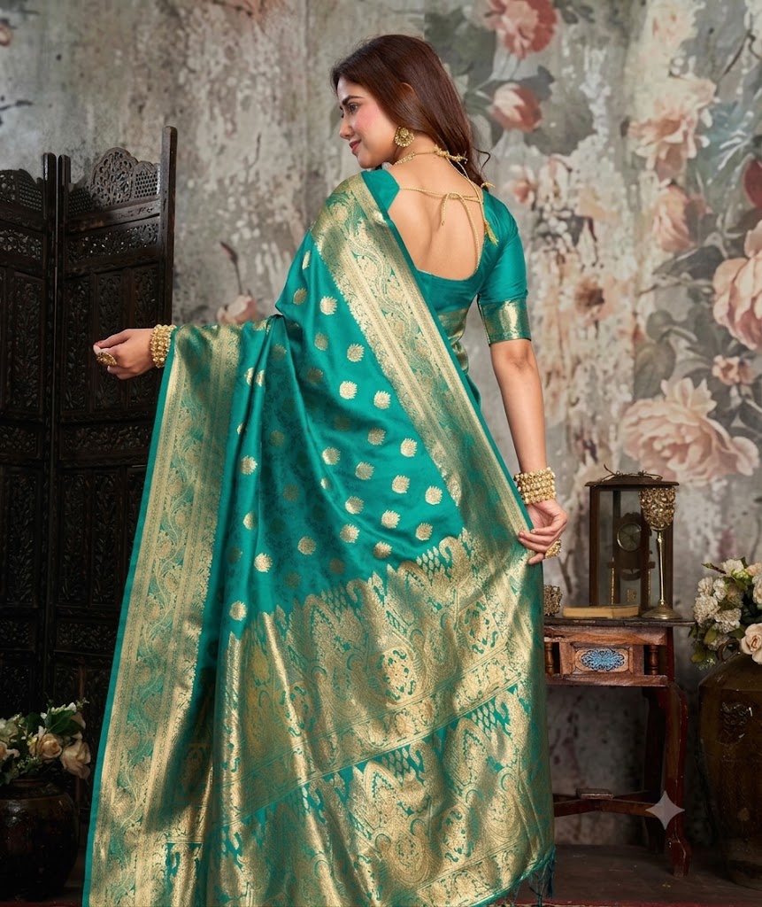 Royal Peacock Green Woven Silk Saree with Zari Border