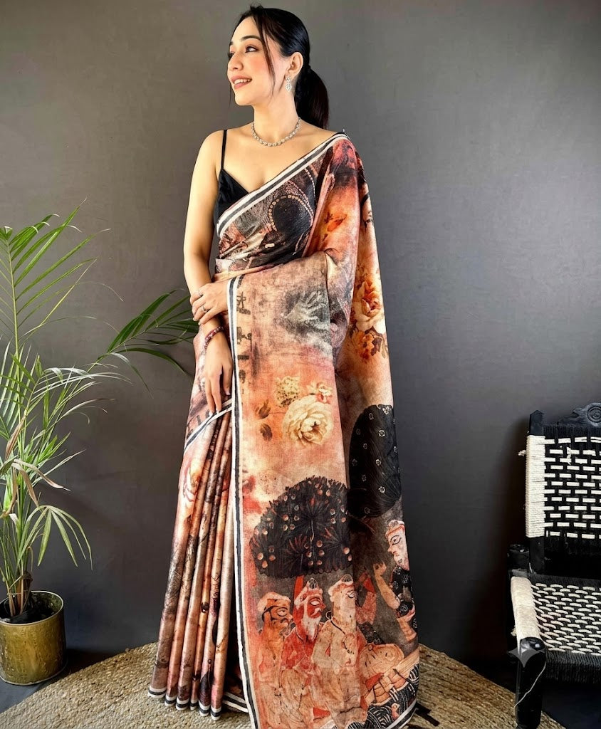 Earthy Twilight Batik Print Pure Silk Saree with Geometric Accents