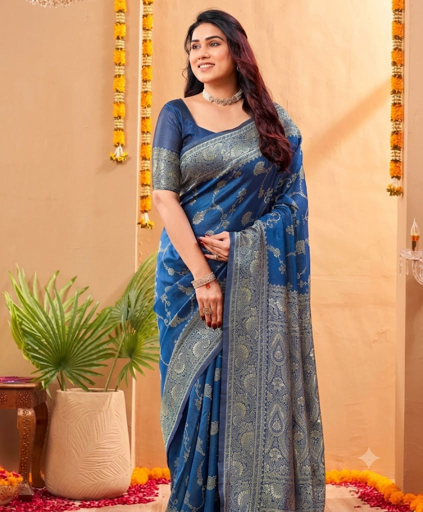 Majestic Royal Blue Banarasi Silk Saree with Fine Silver Zari