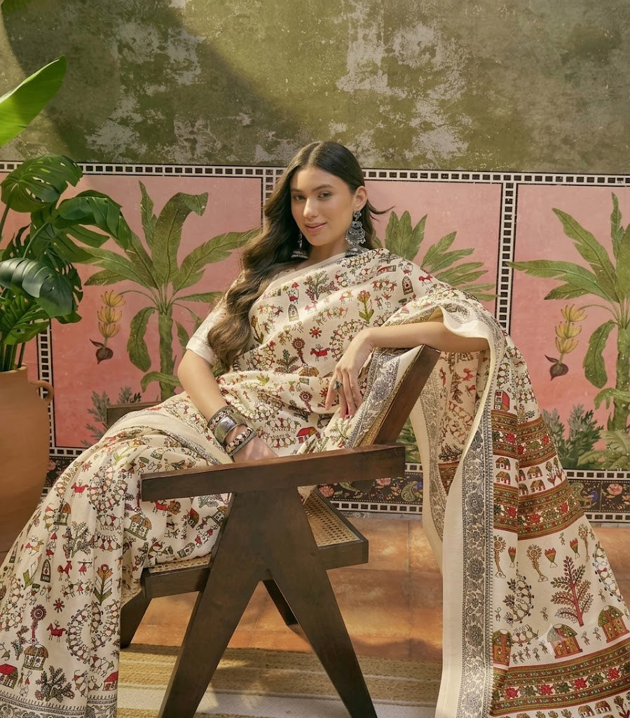 Heritage Tales: Beige Printed Khadi Saree with Intricate Border