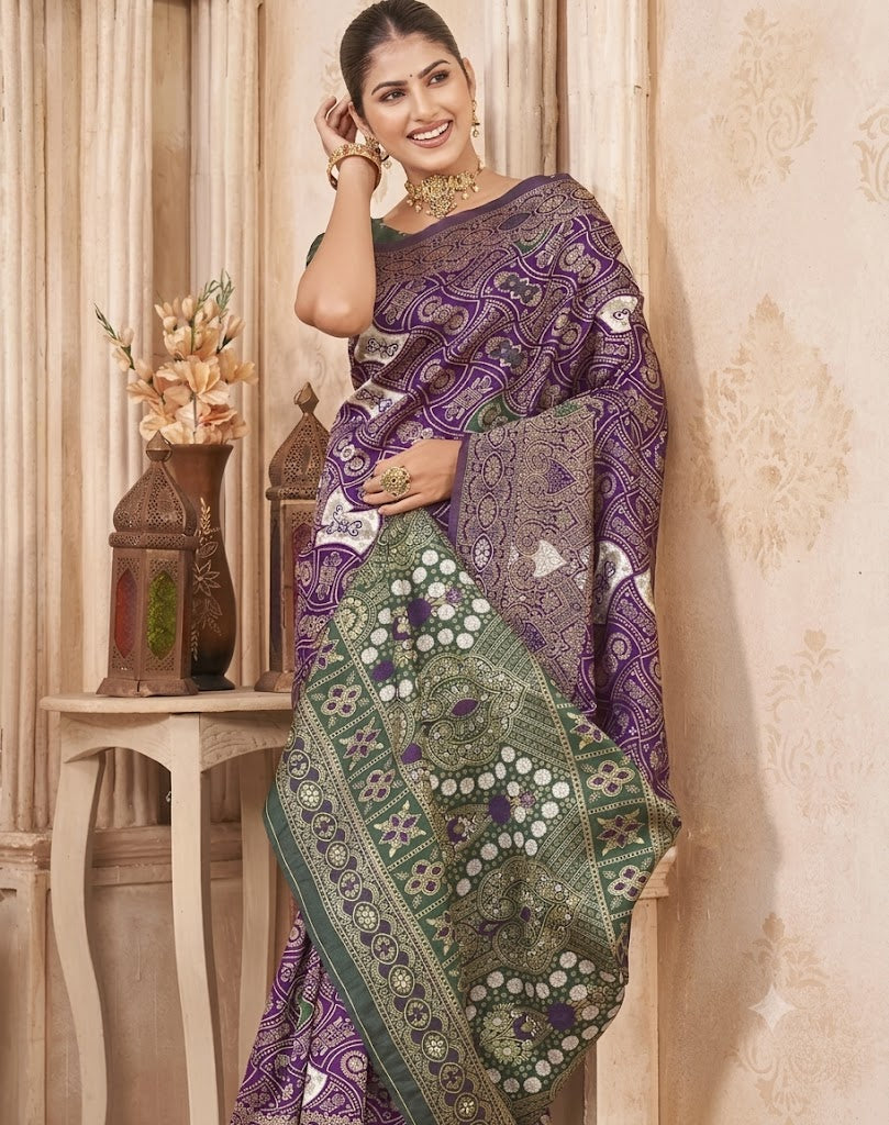 Majestic Paisley: Deep Violet & Olive Banarasi Silk Saree