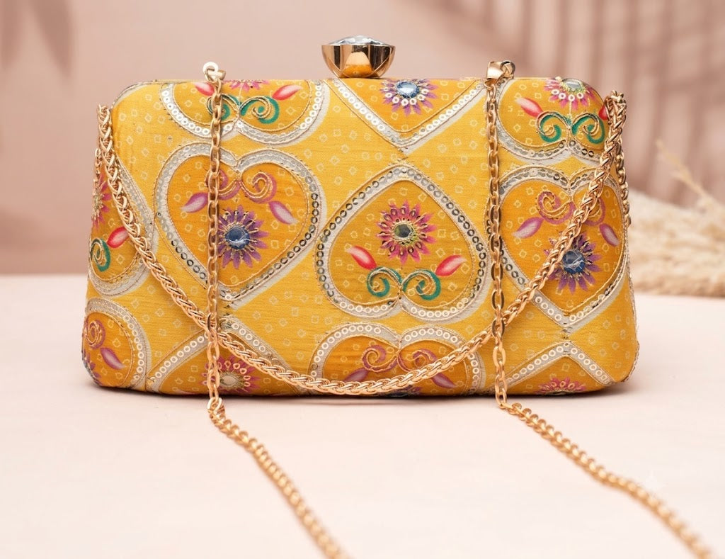 Golden Sunshine Embroidered Heart Clutch