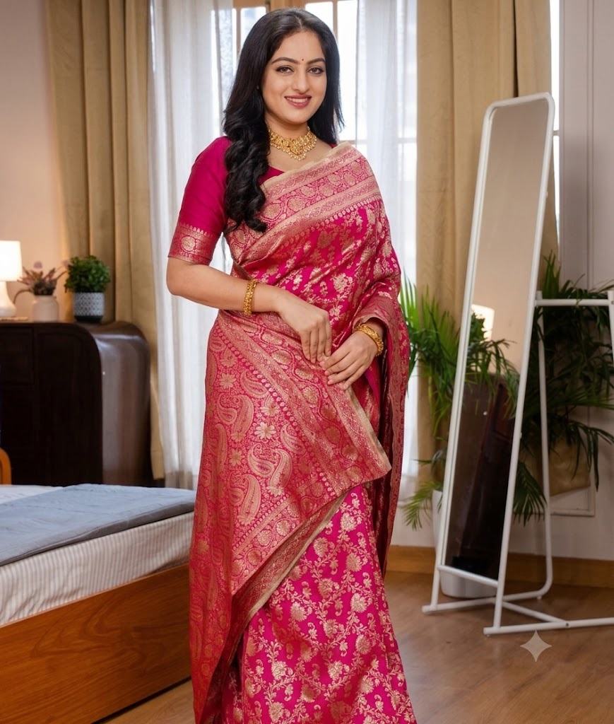 Imperial Rani Pink Banarasi Silk Saree with Gold Zari Brocade