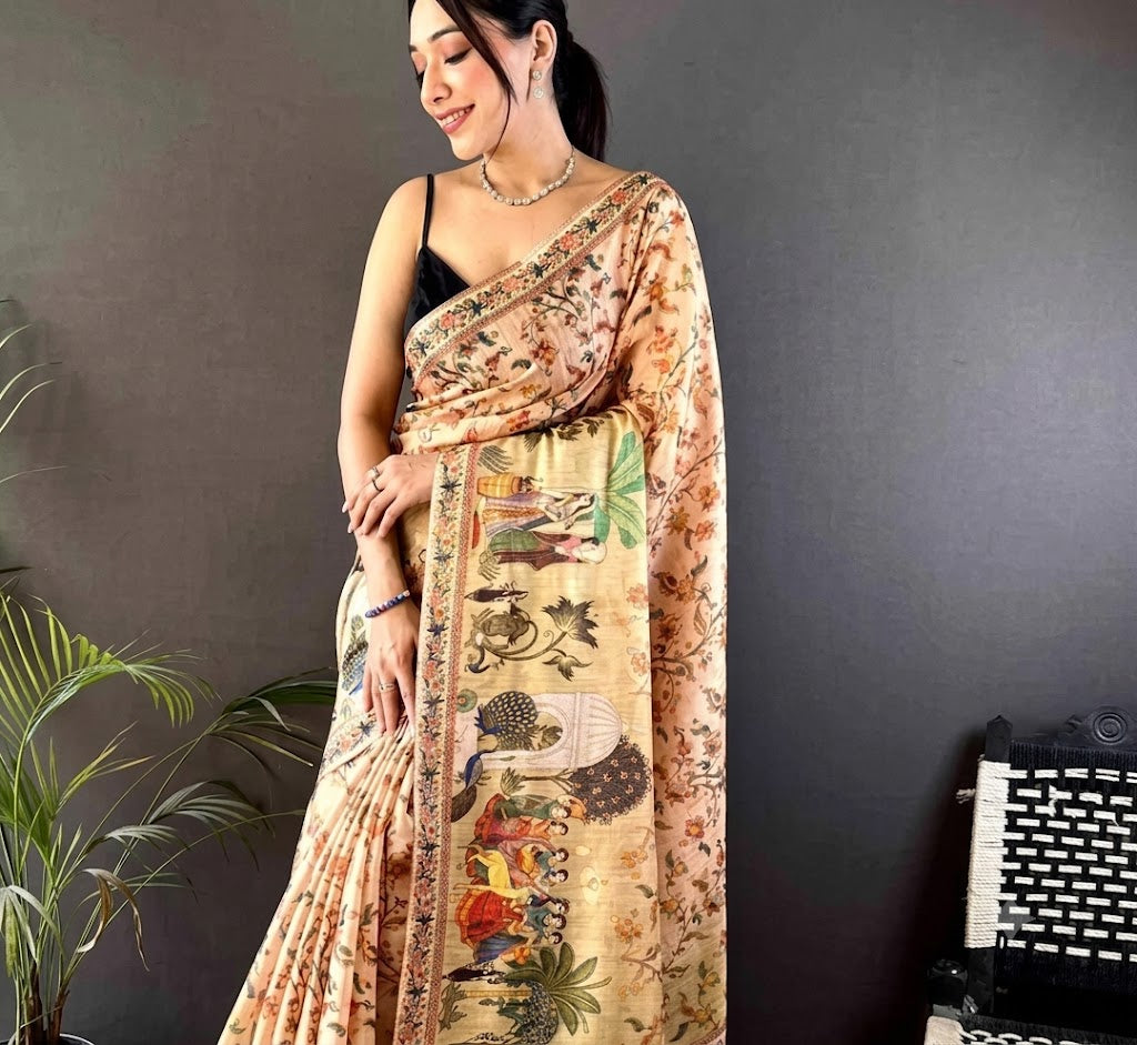 Classic Beige Pashmina Silk Saree with Handcrafted Kalamkari Floral Art