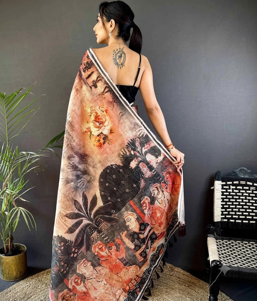 Earthy Twilight Batik Print Pure Silk Saree with Geometric Accents