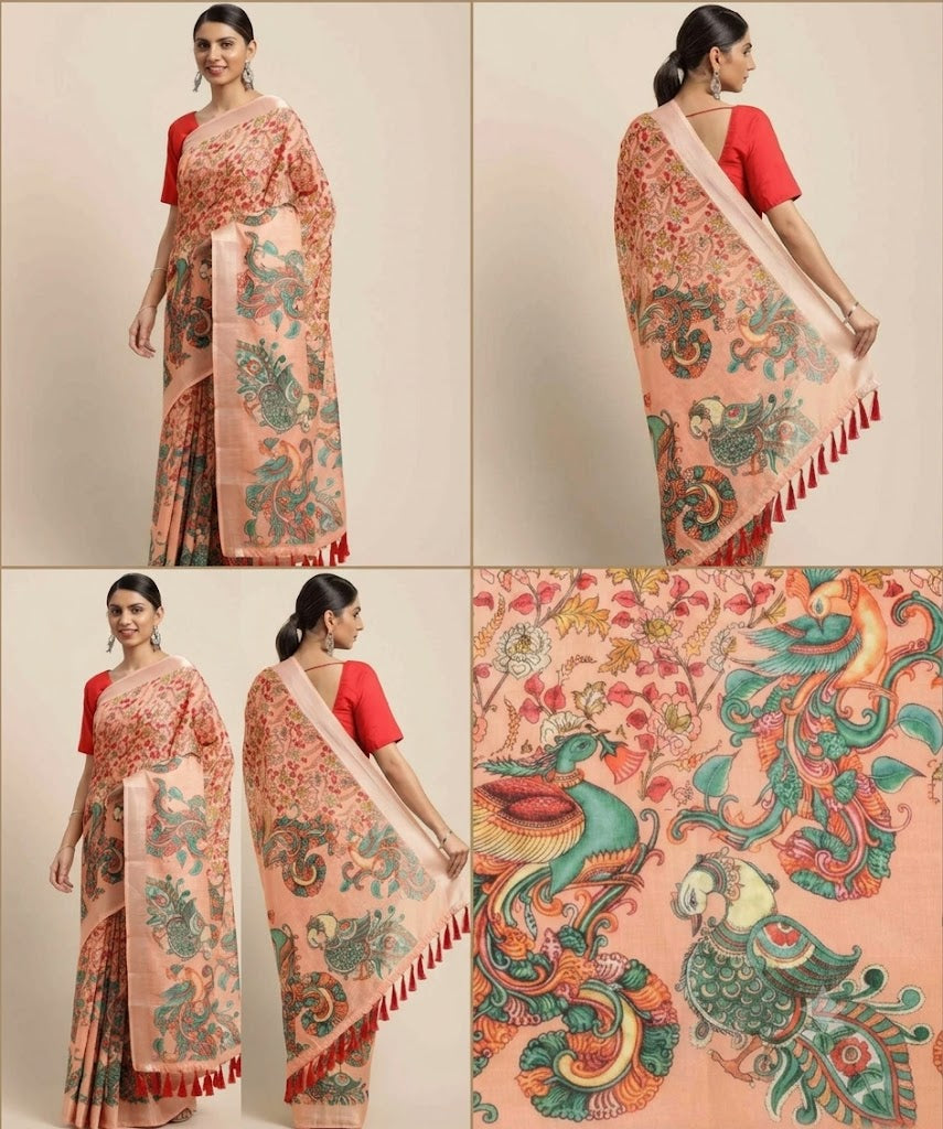 Peach-Orange Kalamkari Silk Saree with Mythological Peacock Motifs & Zari Border