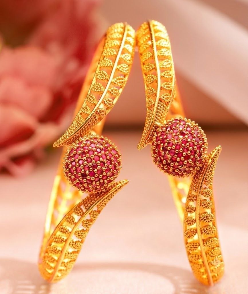 The Regal Bloom: Gold & Ruby-Pave Sphere Bangle Pair