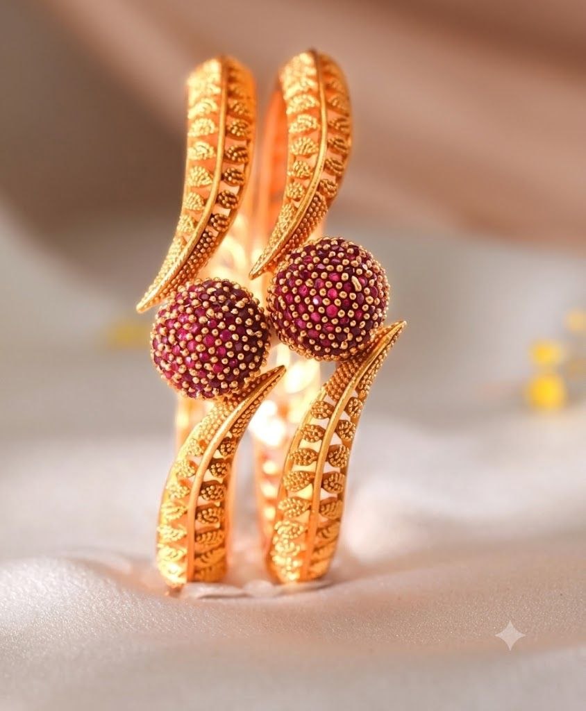 The Regal Bloom: Gold & Ruby-Pave Sphere Bangle Pair