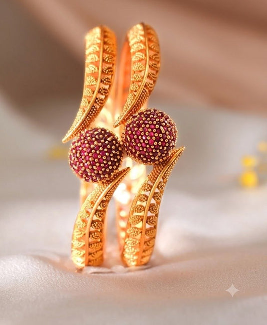 The Regal Bloom: Gold & Ruby-Pave Sphere Bangle Pair