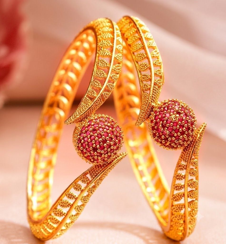 The Regal Bloom: Gold & Ruby-Pave Sphere Bangle Pair
