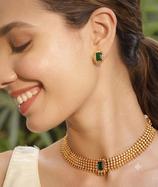 The Emerald Dynasty: Gold Bead Choker & Gemstone Set