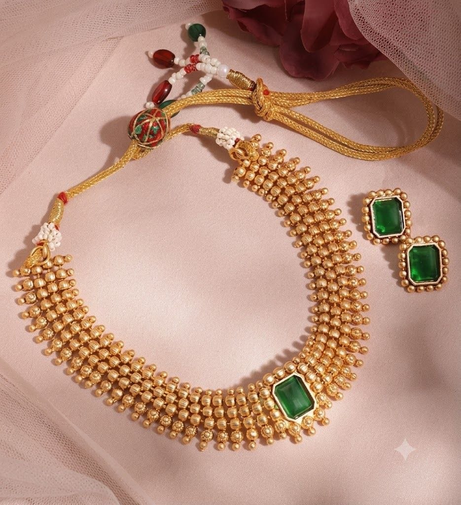 The Emerald Dynasty: Gold Bead Choker & Gemstone Set