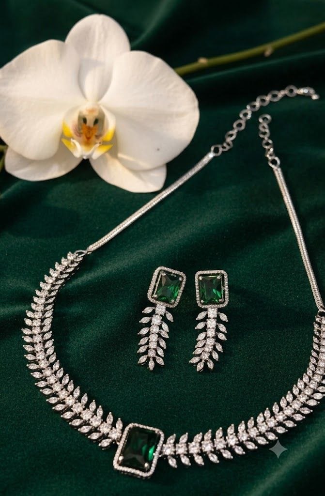 The Emerald Leaf: Diamond-Tone & Emerald Gemstone Choker Set