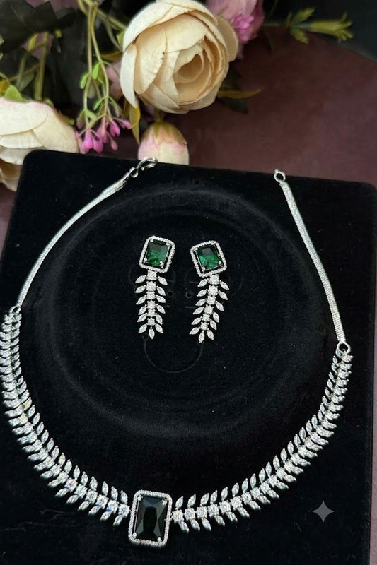 The Emerald Leaf: Diamond-Tone & Emerald Gemstone Choker Set
