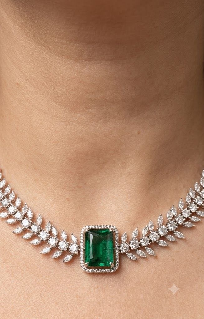 The Emerald Leaf: Diamond-Tone & Emerald Gemstone Choker Set
